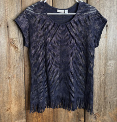 Chico’s Navy Chevron Cotton Knit Fringe Scoop Neck Pullover Top Short Sleeve 2