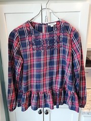 Beach Lunch Lounge RED BLACK Plaid M Embroidery FLORAL Pullover Top