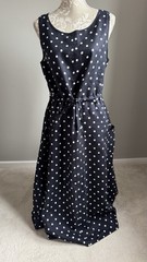 WOOLOVERS 100% LINEN NAVY/WHITE POLKA DOT SLEEVELESS DRESS SIZE 10, POCKETS