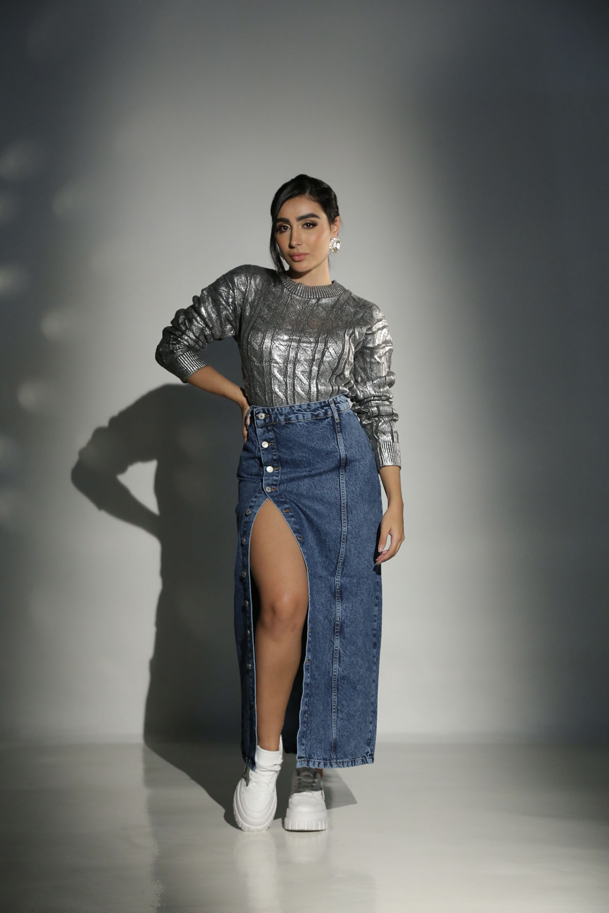 FALDA JEAN LARGA RIGIDA BOTONES