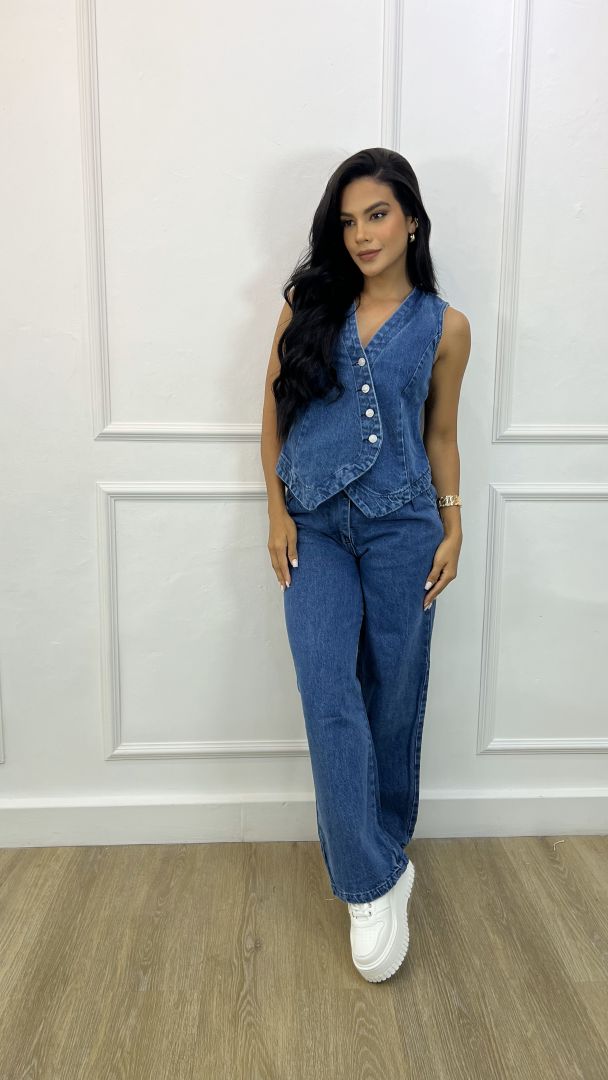 SET JEAN CHALECO BOTONES DIAGONAL PANTALON PRENSES BROCHE