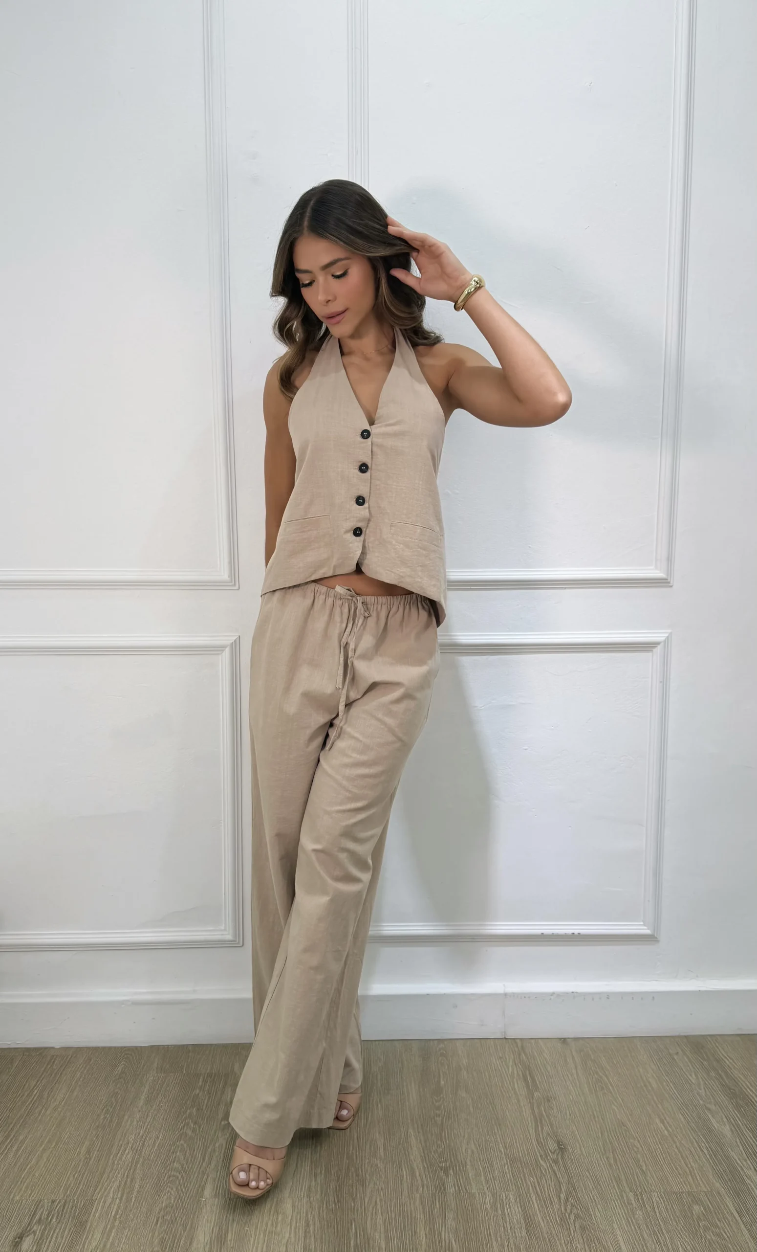 SET TIPO LINO BLUSA AMARRAR CUELLO Y ESPALDA PANTALON AMARRAR CINTURA - Imagen 2